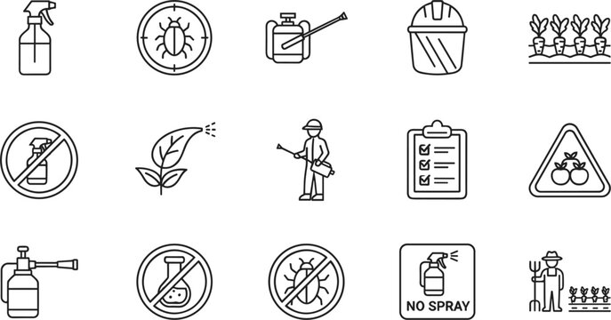 Pesticide and agriculture icons set pest control farming spray safety symbols line vector illustration collection isolated on white background design