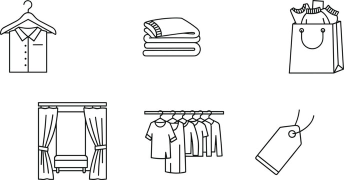 Retail clothing store icons set vector illustration with hanger folded clothes shopping bag fitting room rack price tag and apparel outline