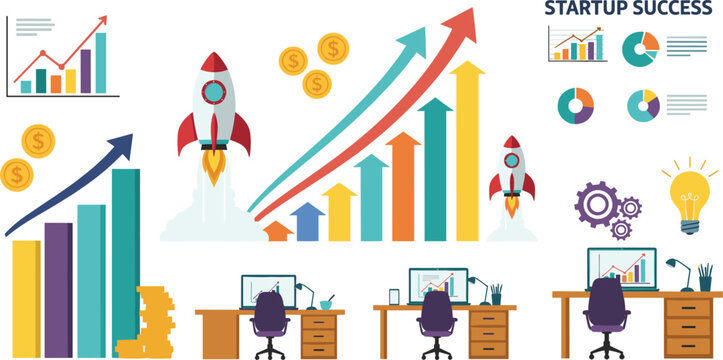 Startup success concept vector illustration with rocket launch business growth charts financial progress teamwork office analytics and entrepreneurial development elements
