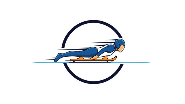 Athlete in a blue suit competes in a skeleton bobsleigh race sliding headfirst down an icy track at high speeds.