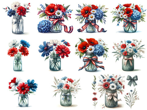 4th of July Trio Flowers Jar Clipart Bundle
