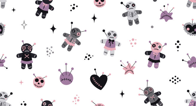Seamless pattern with voodoo dolls hearts and pins, spooky cute gothic background with stitched toys and dark symbols vector illustration design