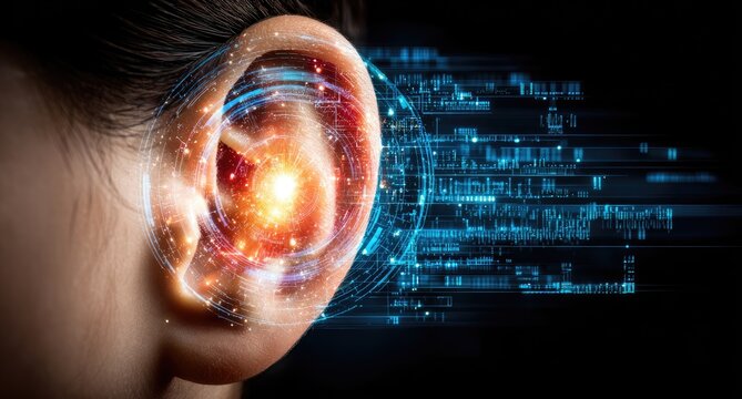 Close-up ear with digital overlay of data streams