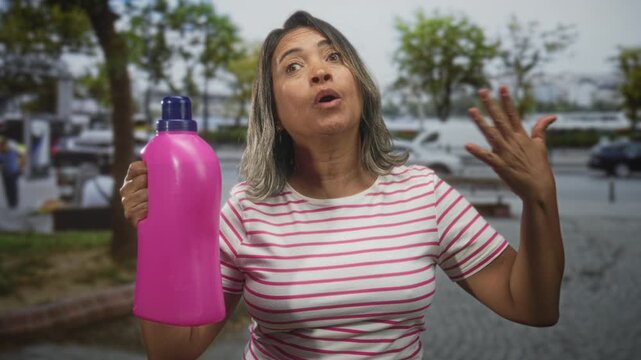 Middle aged hispanic woman in striped shirt holds pink detergent bottle and waves hand near face on a street waterfront; household frustration.