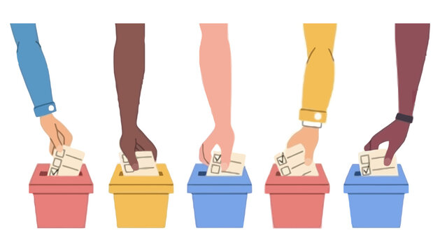Voting box illustration with diverse hands inserting ballots
