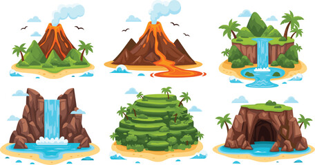 Tropical island landscapes set with volcano waterfall jungle hills and cave, exotic nature scenes collection for game design vector illustration © MdNazmul