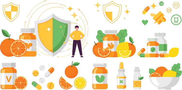 Vitamin supplements and immune protection concept with pills capsules citrus fruits and shield, healthcare nutrition and wellness vector illustration set