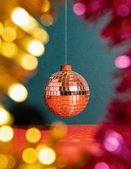 Fototapeta premium Orange Disco Ball Ornaments Hanging in Studio with Festive Bokeh Background for Holiday Catalog Design, New Year Celebration and E-commerce Product Listing