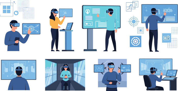Virtual reality technology set with people using VR headsets interacting with digital interfaces and data screens, futuristic innovation and simulation vector illustration collection