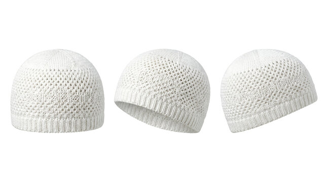Three white knitted Islamic kufi skullcaps for men isolated on white background