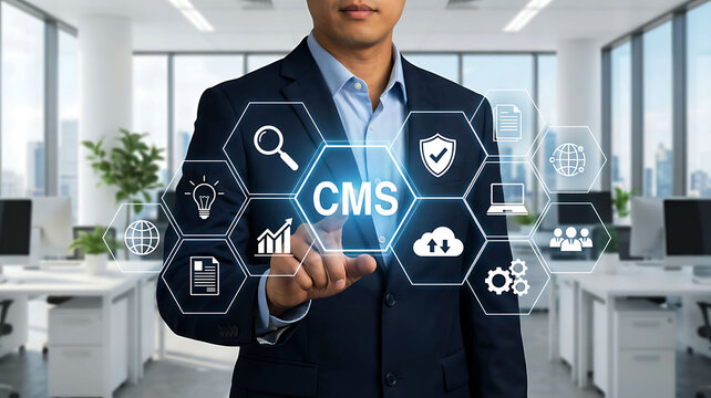 Businessman pointing to CMS content management system icon in modern office background