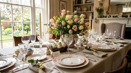 Fototapeta premium Elegant Easter Holiday Table Setting with Floral Centerpiece