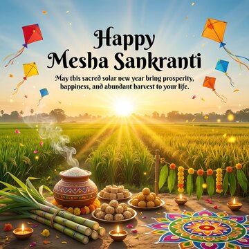 Mesha sankranti celebration with kites and traditional sweets in green field at sunset