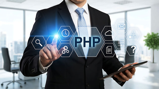 Businessman touching PHP interface icon for web development and server management