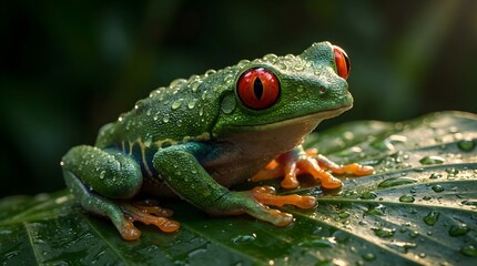 Fototapeta premium Red-eyed tree frog covered in morning dew on a vibrant green leaf