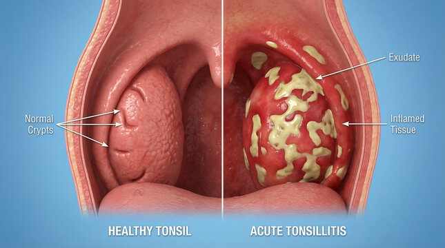 ​3D Medical Illustration Comparing Healthy Tonsils and Acute Tonsillitis