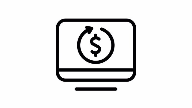 ROI and cash flow concept animated icon featuring a desktop monitor with a dollar cycle symbol on alpha channel for professional business marketing and financial motion graphics.