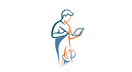 Obraz premium Man Standing with Tablet and Child Illustration.
