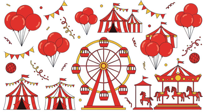 Colorful Carnival Circus Elements: Ferris Wheel, Carousel, Tents, Balloons, Bunting