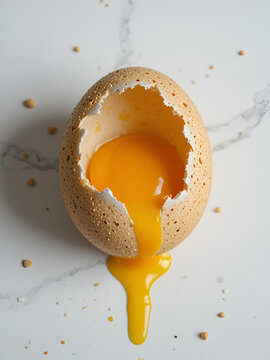Cracked Egg Revealing Yolk Freshness and Culinary Possibilities Displayed on a White Surface.