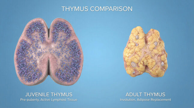 ​3D Medical Illustration of Juvenile vs Adult Thymus Gland Involution