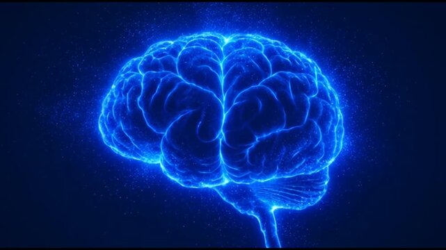 Glowing blue brain illustration with neon-like outline against a dark background