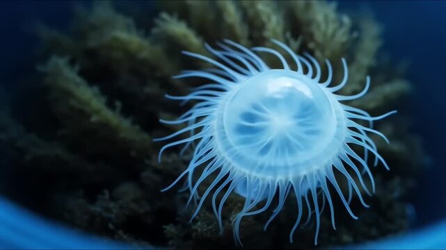 Transparent Jellyfish Swimming Near Coral Reef Underwater.