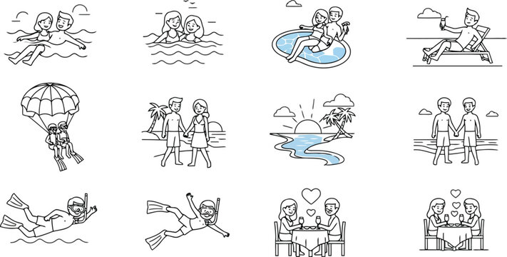 Diverse travel and outdoor sports activities collection, adventure and leisure lifestyle scenes with people