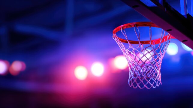 A basketball hoop is illuminated with vibrant blue and purple lights against a dark background
