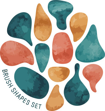 A colorful set of abstract brush shapes on a white background