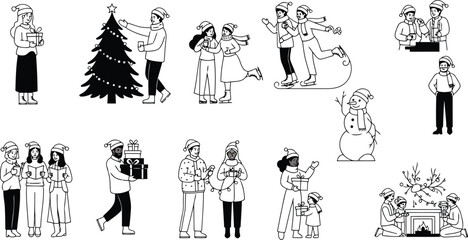 Obraz premium Joyful christmas celebration silhouettes of people enjoying winter holidays and festivities