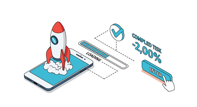 Successful mobile application launch concept featuring rocket taking off from smartphone screen with completed task progress bar.