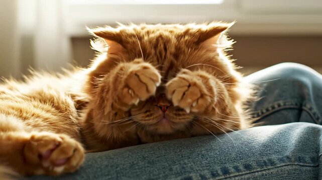 Cute fluffy ginger cat resting on lap, washing face with paws, looking at camera