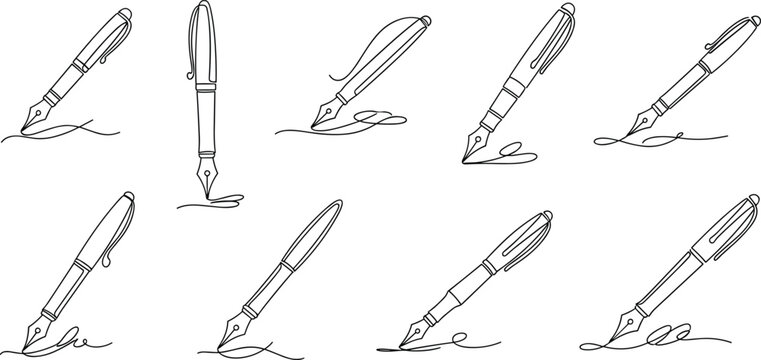 Fountain pen writing strokes set with signature lines and ink pen sketch icons vector illustration
