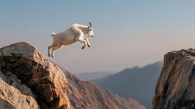 White mountain goat leaping between rugged rocky cliffs high in the arid mountain landscape under a clear sky