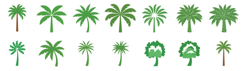 Obraz premium Palm Tree Tropical Icon Set – Summer Beach Plants, Island Nature and Vacation Vector Collection
