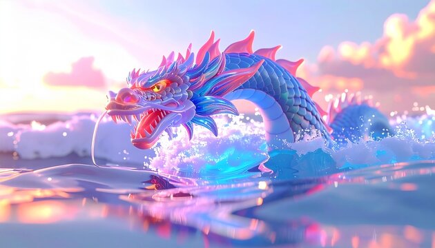 Majestic Sea Dragon Rising from the Ocean Waves at Sunset.