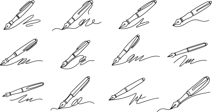 Fountain pen writing strokes set with signature scribbles and calligraphy lines outline vector illustration