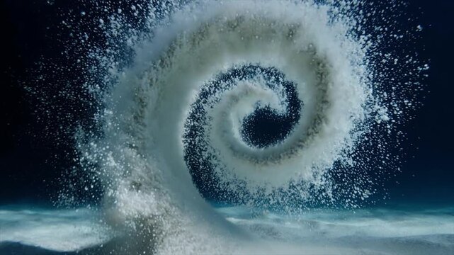 白い砂が水中で渦を巻くダイナミックな映像