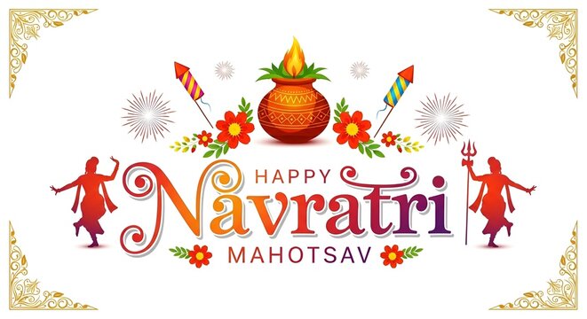 Navratri Kalash puja, dandiya dance and celebration background. Happy Navratri mahotsav typography concept for Indian hindu festival.
