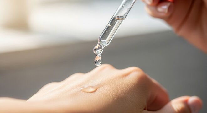 Close-up of a glass pipette dripping clear cosmetic serum onto a person's hand. High-quality beauty and skincare routine concept.