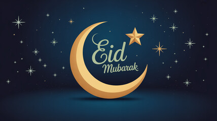 Fototapeta premium Golden crescent moon with star and Eid Mubarak text against a starry night sky islam islamic