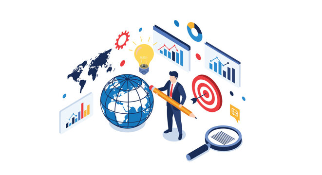 Global business analysis and strategy planning concept showing a man with a pencil, globe, and data charts.