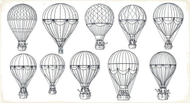 Vintage Hot Air Balloons Collection - Hand Drawn Sketch Style