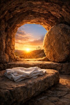 Empty tomb with sunrise and folded cloth, resurrection concept