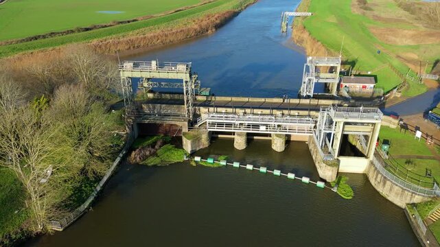Aerial view of the massive sluice gates and pumping station at Denver Complex used for regional flood protection and water abstraction in Britain