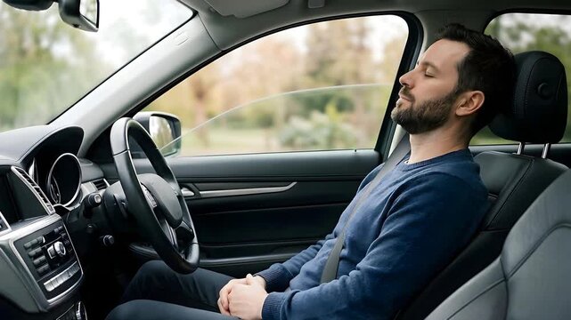 Calm Driver Practicing Mindfulness Breathing Techniques Inside Parked Car Before Long Road Trip Promoting Mental Clarity Focus And Emotional Balance