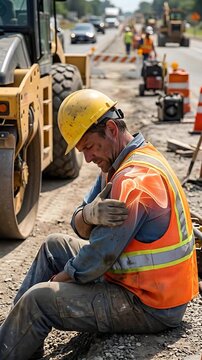 Construction worker in yellow hard hat and orange safety vest experiencing shoulder pain sitting on gravel road with road roller and traffic cones in