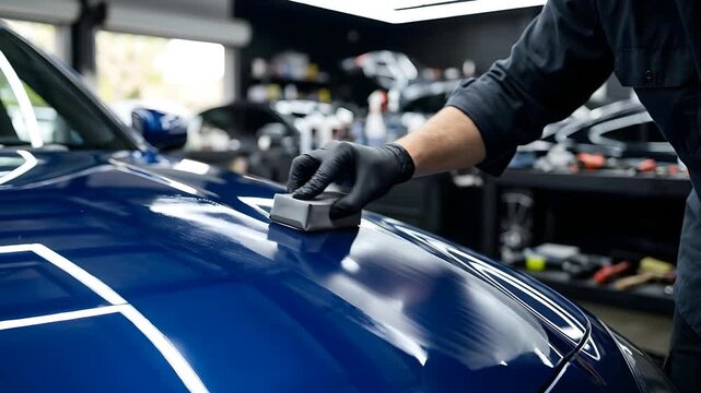 Detailing Professional Applying Ceramic Coating to Shiny Blue Car Hood in Brightly Lit Workshop with Shelves of Products