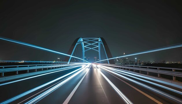 Futuristic bridge at night with blue light trails motion speed city traffic
